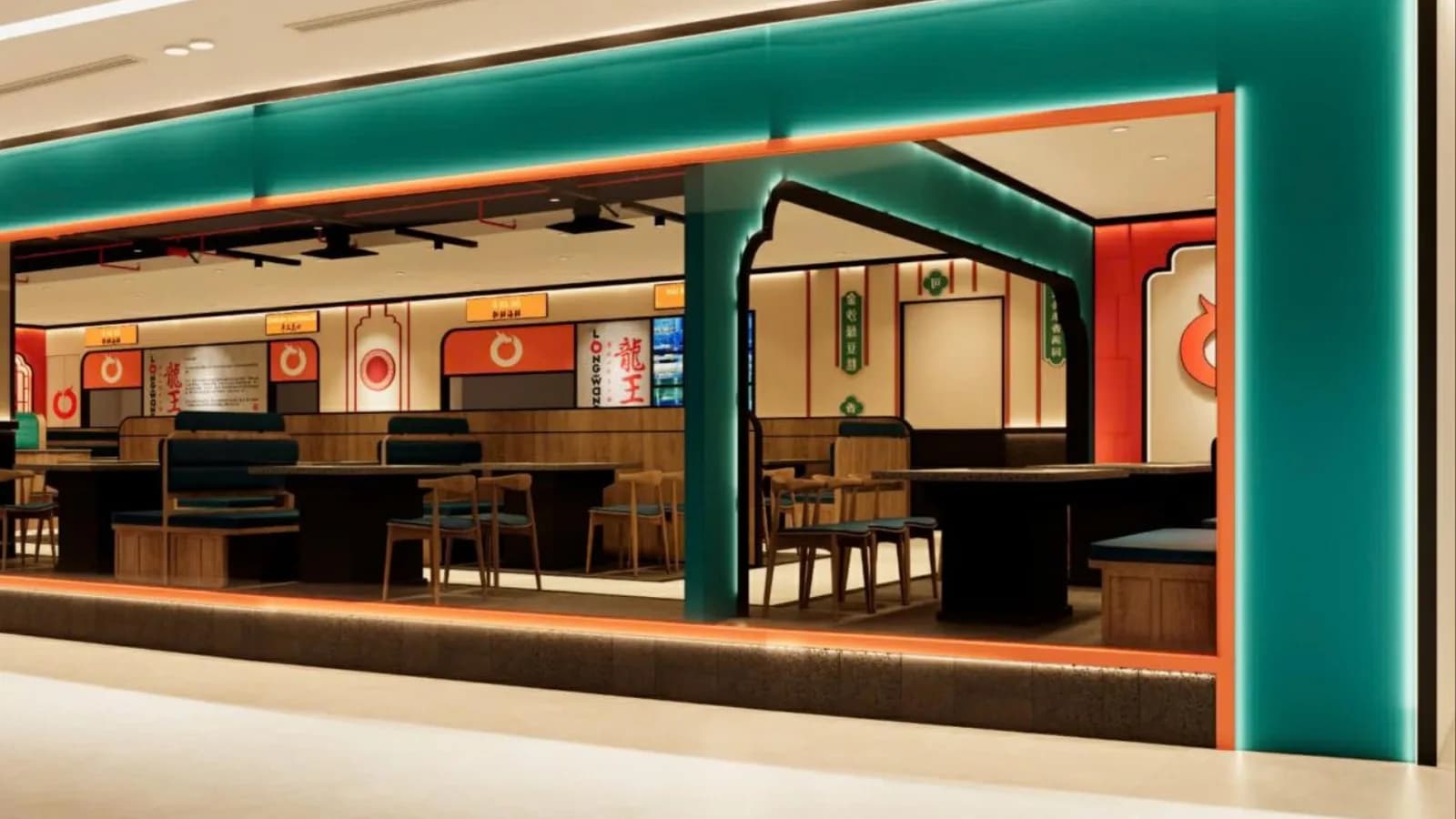 Phối cảnh mặt tiền Long Wang ở Vincom Center Trần Duy Hưng: khung viền xanh ngọc, bên trong là dãy ghế băng và bàn lẩu.