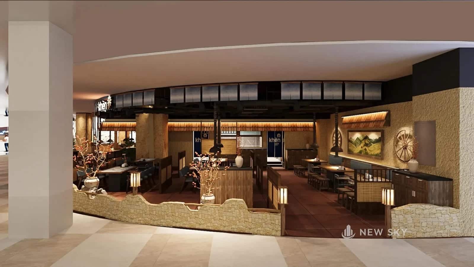 Phối cảnh thiết kế gian hàng Khèn Nướng Sapa trong Aeon Mall Hạ Long, nhìn từ hành lang chung vào: tường đá thấp ngăn khu chỗ ngồi, lối vào mở thẳng ra hành lang.