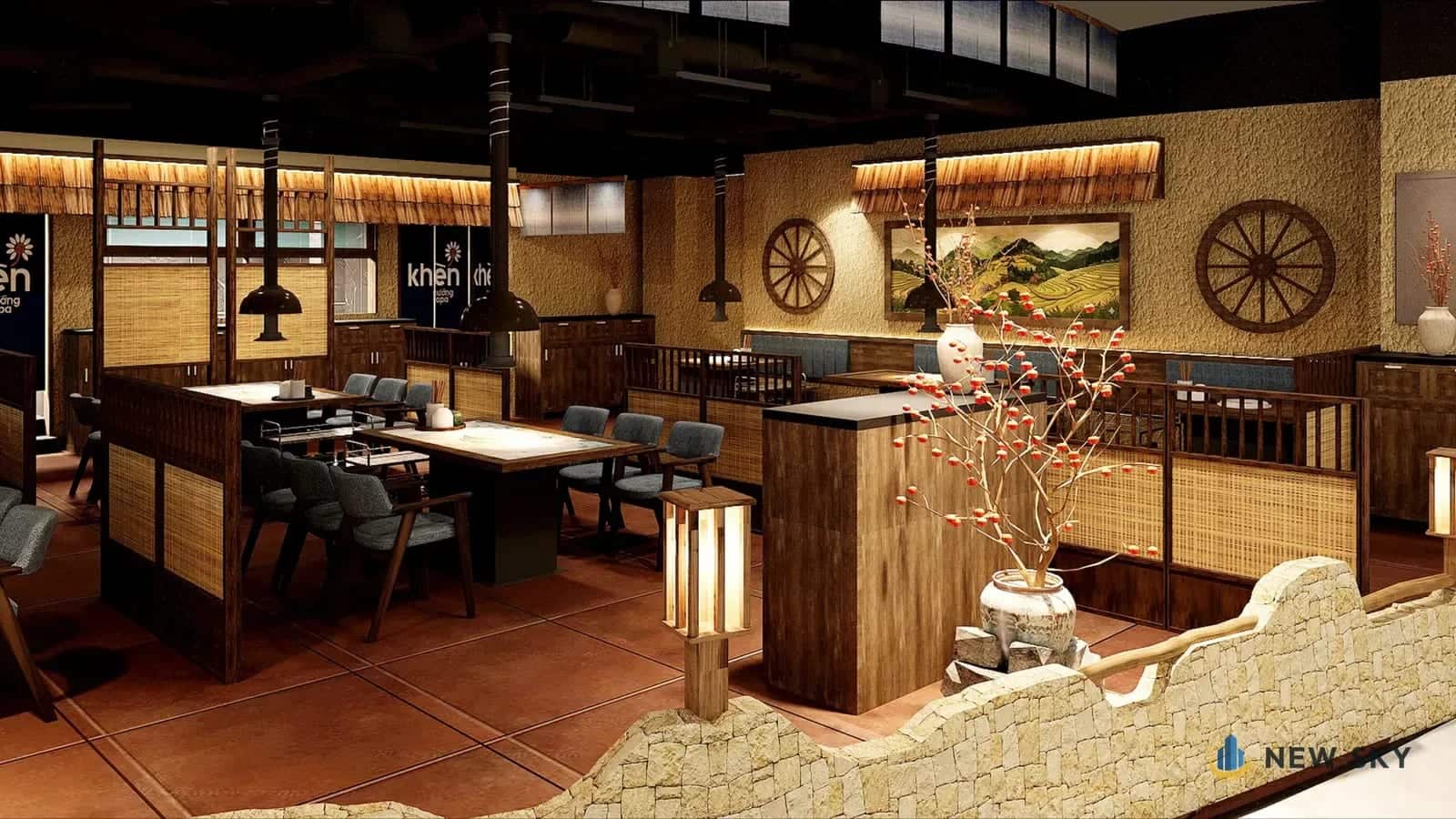 Khu ngồi nhà hàng Khèn Nướng Sapa tại Aeon Mall Hạ Long, phối cảnh thiết kế.