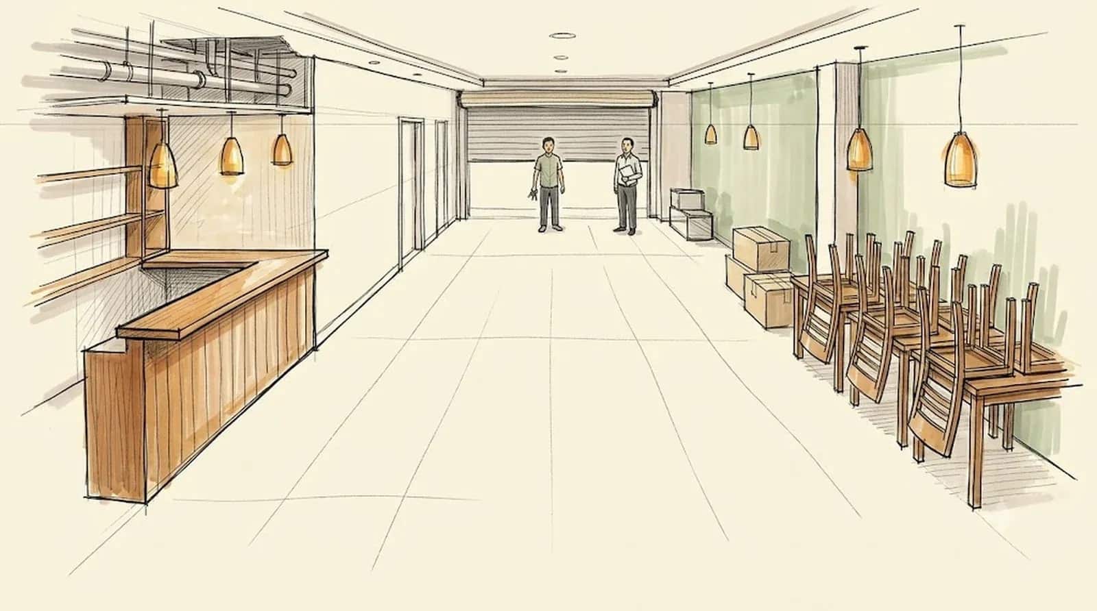 Tranh ký họa một gian nhà hàng đã dọn trống trước ngày giao lại mặt bằng: ghế xếp chồng trên bàn sát tường, thùng đồ, quầy gỗ còn gắn bên trái, trần gỡ dở lộ đường ống; cuối phòng hai người đứng trước cửa cuốn, một người cầm chùm chìa khóa, một người cầm xấp giấy.