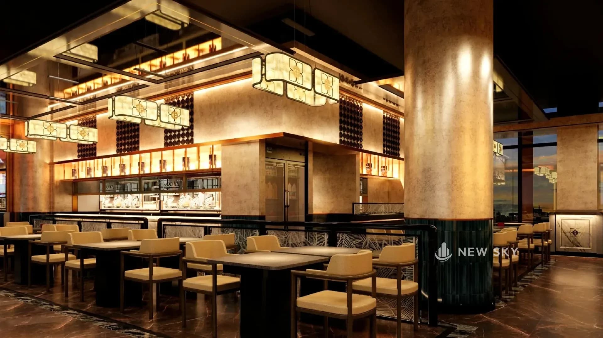 Phối cảnh thiết kế nhà hàng Cuốn An Vũ tại Vincom Center Phạm Ngọc Thạch: đèn lồng hộp khung tối mặt kem treo thành chùm trên quầy bar, phía sau là mảng lưới hoa văn tròn màu tối và kệ sáng đèn, bên phải là cột tròn lớn, phía trước là dãy bàn ghế.