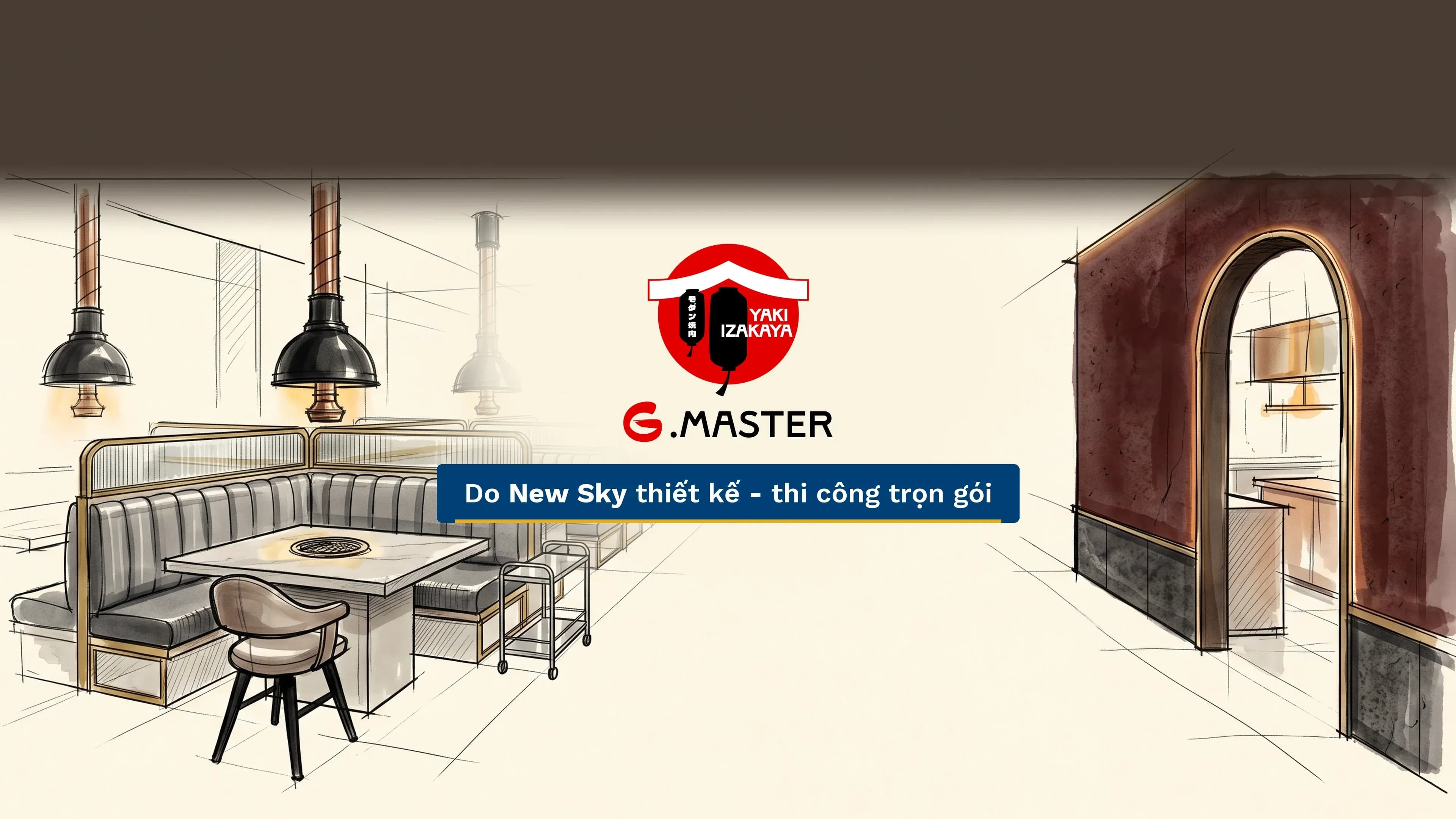 Logo chuỗi nhà hàng G.Master giữa hai bản ký họa không gian nhà hàng, dòng chữ "Do New Sky thiết kế - thi công trọn gói".