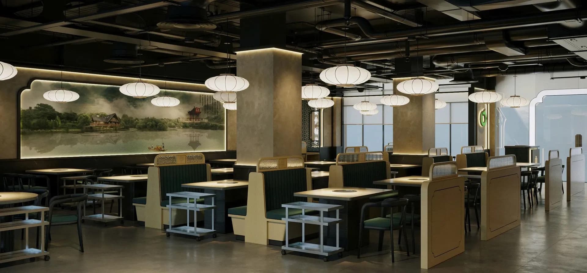 Phối cảnh ba chiều toàn cảnh khu bàn ăn một cơ sở Long Wang: trần lộ ống kỹ thuật, dãy đèn lồng thả và mảng tranh phong cảnh chạy dọc tường