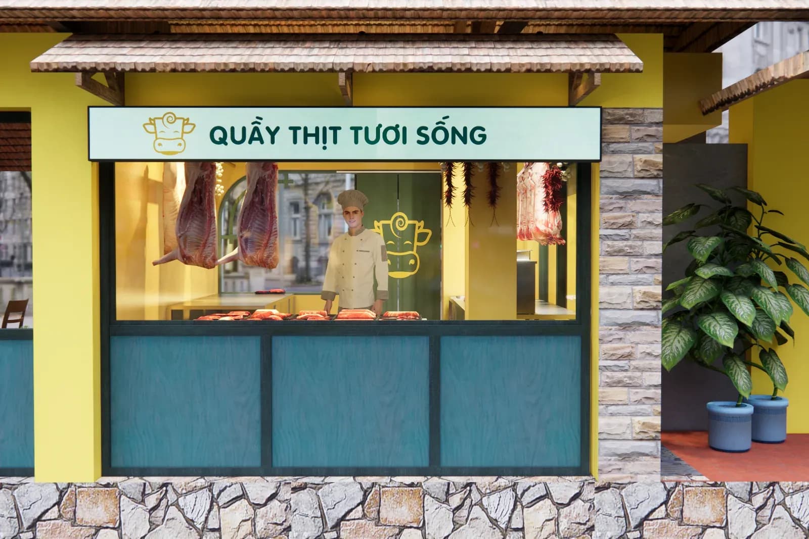 Phối cảnh quầy thịt tươi sống: một phòng nhỏ tường vàng, mặt ngoài là ô kính lớn khung xanh, bên trong thịt treo trên thanh inox và một đầu bếp đứng sau bàn, phía trên là biển "Quầy thịt tươi sống" có logo đầu bò, bên phải là mảng tường ốp đá và chậu cây.