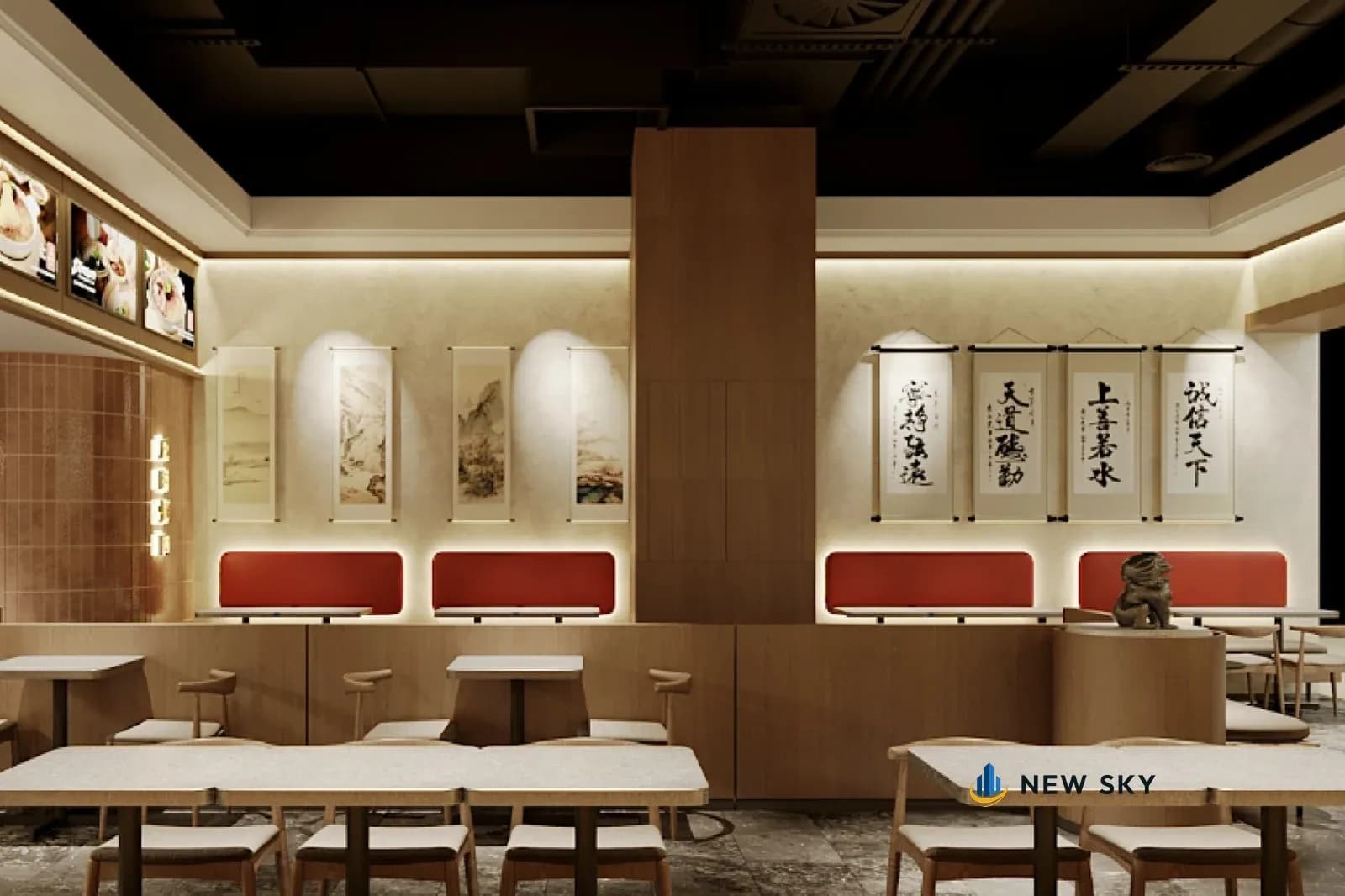Phối cảnh phòng ăn Cơm Niêu Hải Sư Vincom 191 Bà Triệu: bên trái bốn tranh cuốn thư thủy mặc, bên phải bốn cuốn thư thư pháp, mỗi tranh có đèn rọi, dưới là các đệm tựa ghế băng màu đỏ có đèn hắt viền, cột ốp gỗ ở giữa, viền trần sáng màu có đèn hắt, bàn mặt sáng và ghế gỗ lưng cong phía trước.
