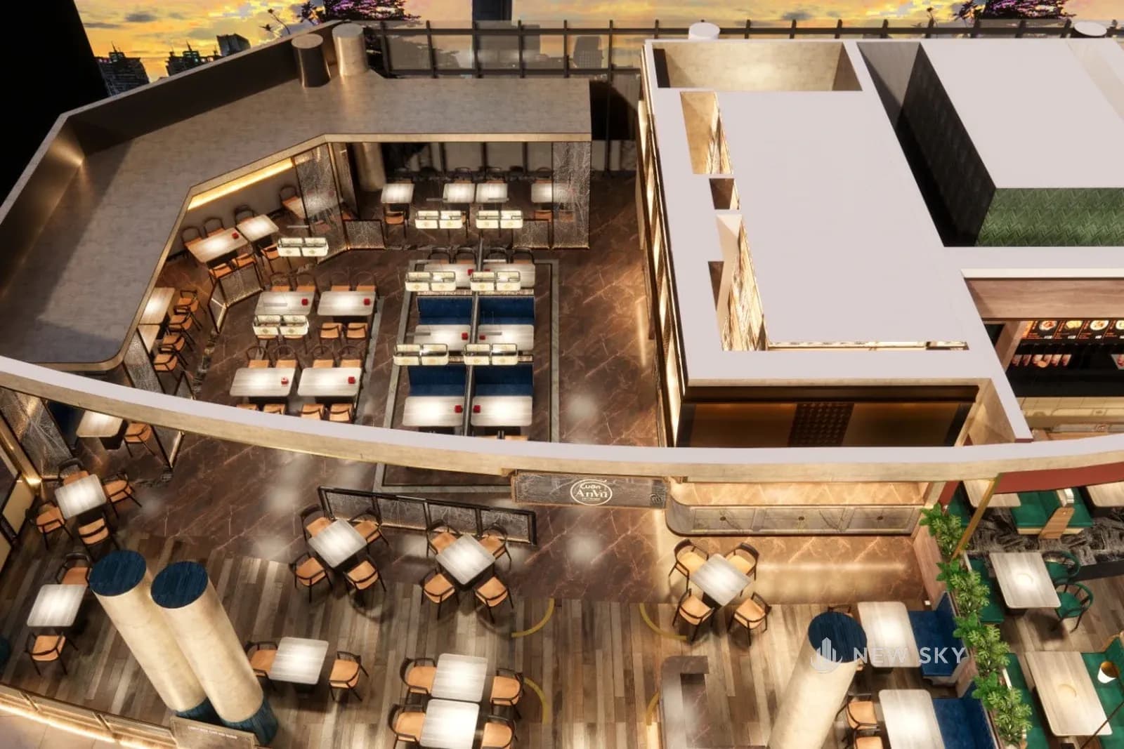 Phối cảnh thiết kế nhà hàng Cuốn An Vũ tại Aeon Mall Huế nhìn từ trên cao: mặt tiền cong theo tòa nhà có lan can thấp, các cột tròn lớn đứng giữa khu bàn, cụm khoang ghế băng xanh đậm, bàn mặt sáng.