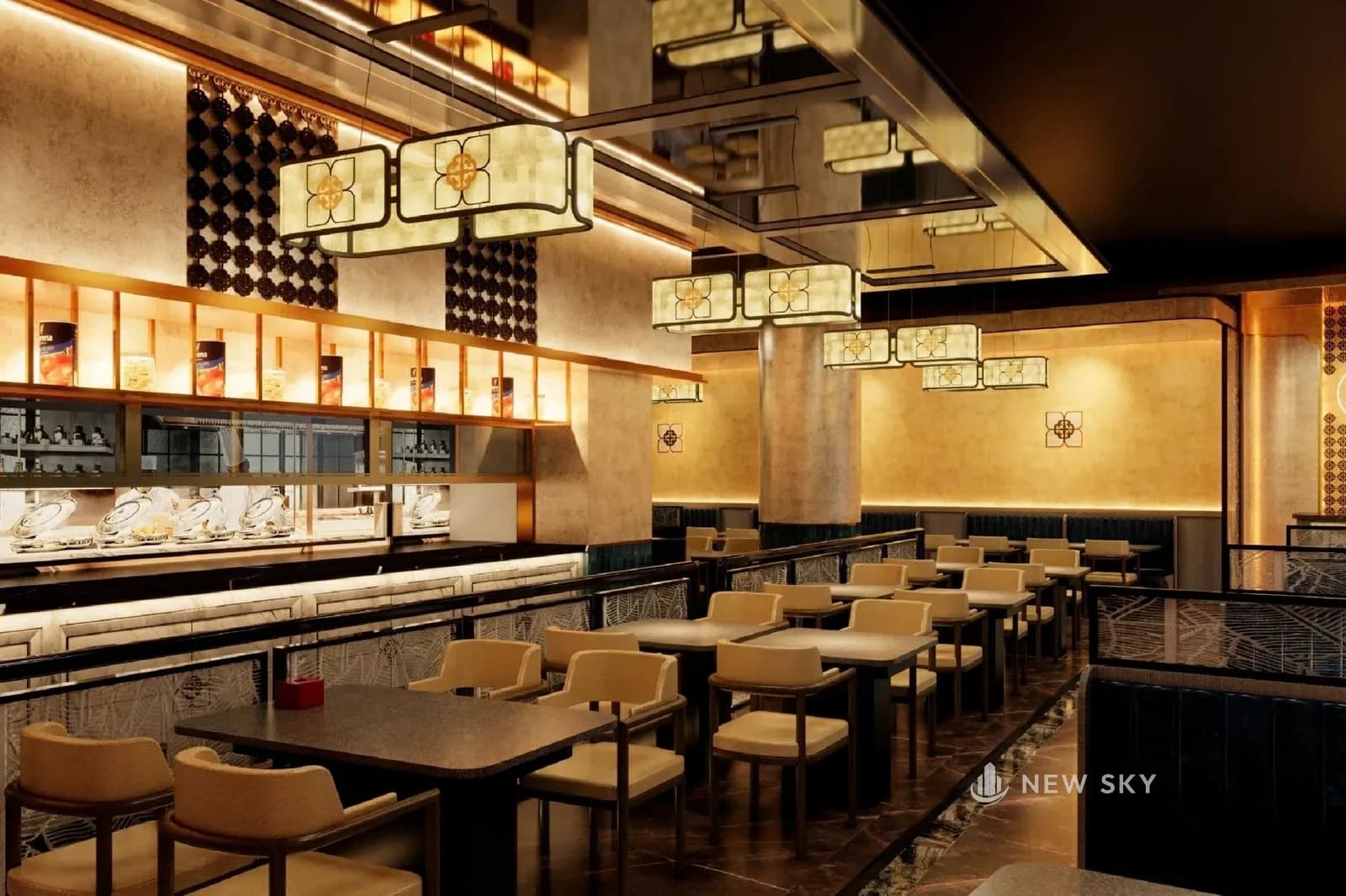 Phối cảnh thiết kế nhà hàng Cuốn An Vũ tại Vincom Center Phạm Ngọc Thạch: đèn lồng hộp khung tối mặt kem treo thành chùm trên dãy bàn mặt tối, phía sau là quầy bếp show sáng đèn và kệ trưng bày, mảng lưới hoa văn tròn màu tối trên tường sơn vàng.