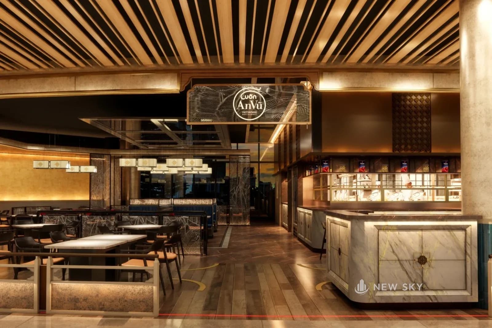 Phối cảnh thiết kế lối vào nhà hàng Cuốn An Vũ tại Aeon Mall Huế: trần lam gỗ, logo tròn Cuốn An Vũ trong hộp kính treo trên lối vào, bên phải là quầy đá vân trắng và quầy bếp show tủ kính sáng đèn, bên trái là bàn ghế sau lan can thấp, phía trong là đèn lồng hộp và khoang ghế băng xanh đậm.